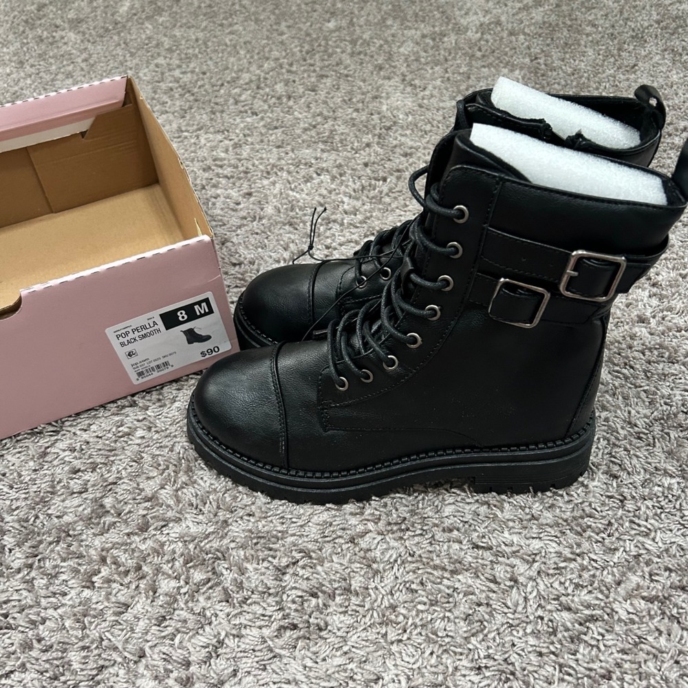 Pop Perlla Black Smooth Combat Boots Womens 8M Lace Up Side Zip Buckle Lug Sole